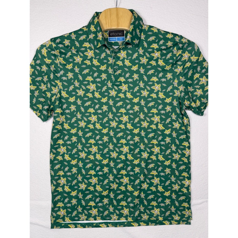 Etonic Polo Shirt‎ Men Large Green Yellow Floral Short Sleeve Golf Performance